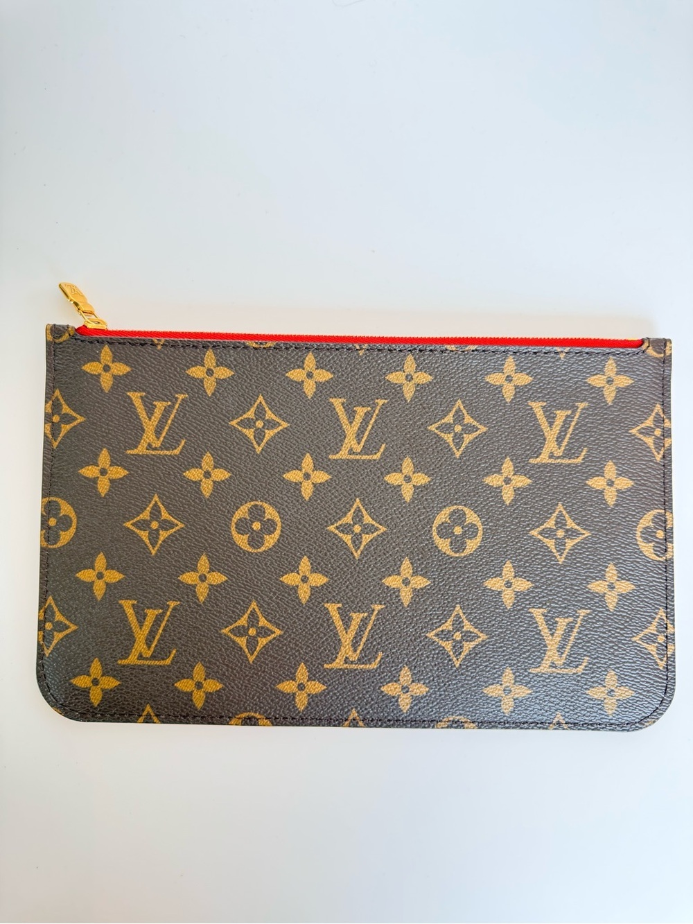 Louis Vuitton Monogram Neverfull Pouch in Brown with Red Trim and Red Interior